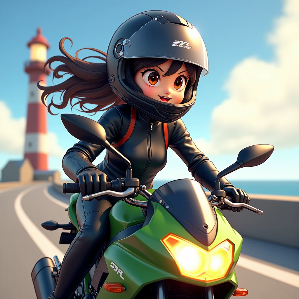 (masterpiece, cute_cartoon_style, official art, octane-render):1.33, 1girl, ((perfect hands)), busty, playful, (detailed moist eyes), (motorcycle details kawasaki ZZR400), in a jet helmet, black jacket, motor cycle pants, motorcycle shoes, (flinching hair), (jet-black hair,colored inner orange ombre hair multicolored hair):1.21, tail bun, (curly hair:0.75), (detailed brown eyes, stare eyes,) strong wind, water, wind, dynamism, power, (subjective Perspective), touring motorcycle, sprint, Full Power Sprint, fun riding, (headland, lighthouse), Beautiful and delicate light, very delicate and beautiful, glowing skin, shining hair, dense and delicate clothes, smiling girl astride an touring motorcycle, particle light,