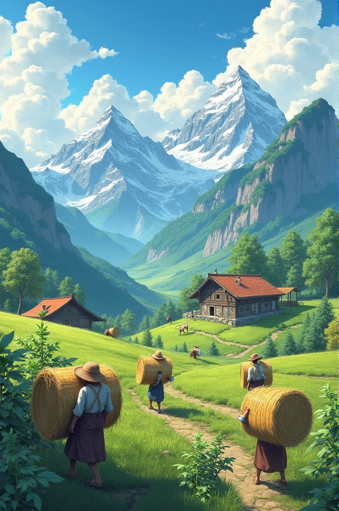 mountain farm with clouds and some farmers farming and some carrying a haybell