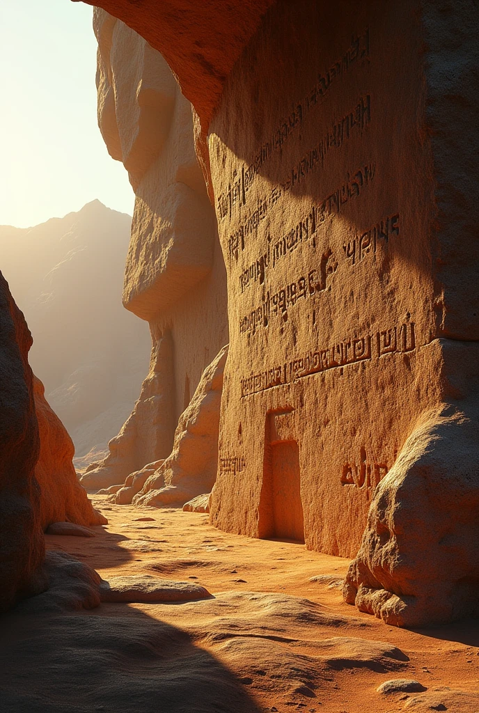 ancient African writing on stone with light