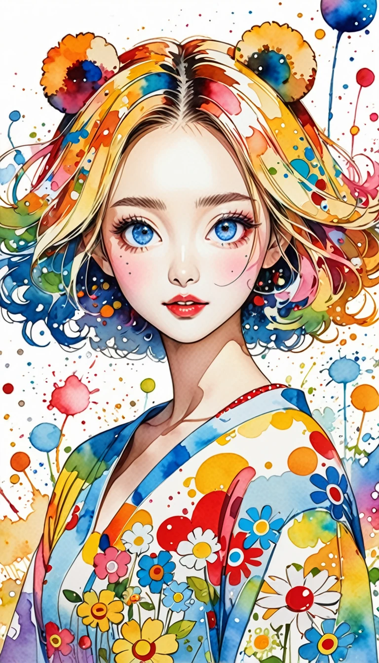 Takashi Murakami Style、(((stylish fashion))), 8K Quality、Intense watercolor, Detailed watercolor art, Watercolor splash, Surreal, avant-garde pop art, Beautiful and expressive paintings, Beautiful artwork illustration, Very colorful tones, wonderful, Cool beauty, highest quality、Official Art, Vector art, Stylish design, ((100 Acre Wood)),(((The most beautiful smiling girl1.1))), (((picnic with pooh1.3))), (((highest quality))), HDR, ((detailed)), (((Doodle Art)), ((masterpiece)), ((Super detailed)), (((Stylish))), 