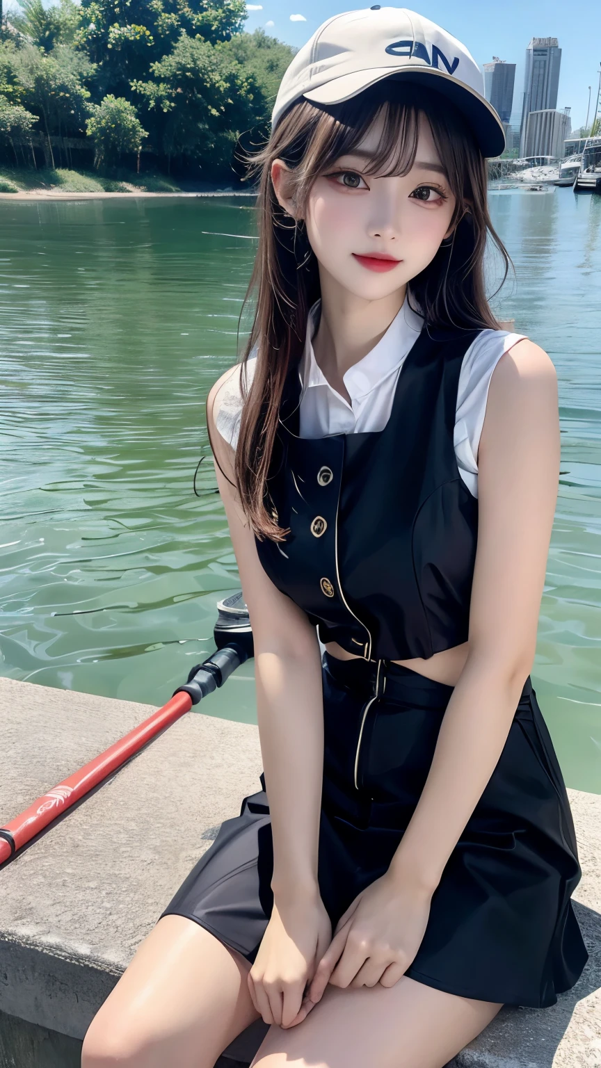 pale colour,((Amazingly absurd)),超High resolution, Attention to detail, high quality, High resolution, 最high quality, 4K, 8k, artwork,3dart,Summer breakwater、Girl Fishing、Black vest、cap、fishing rod
