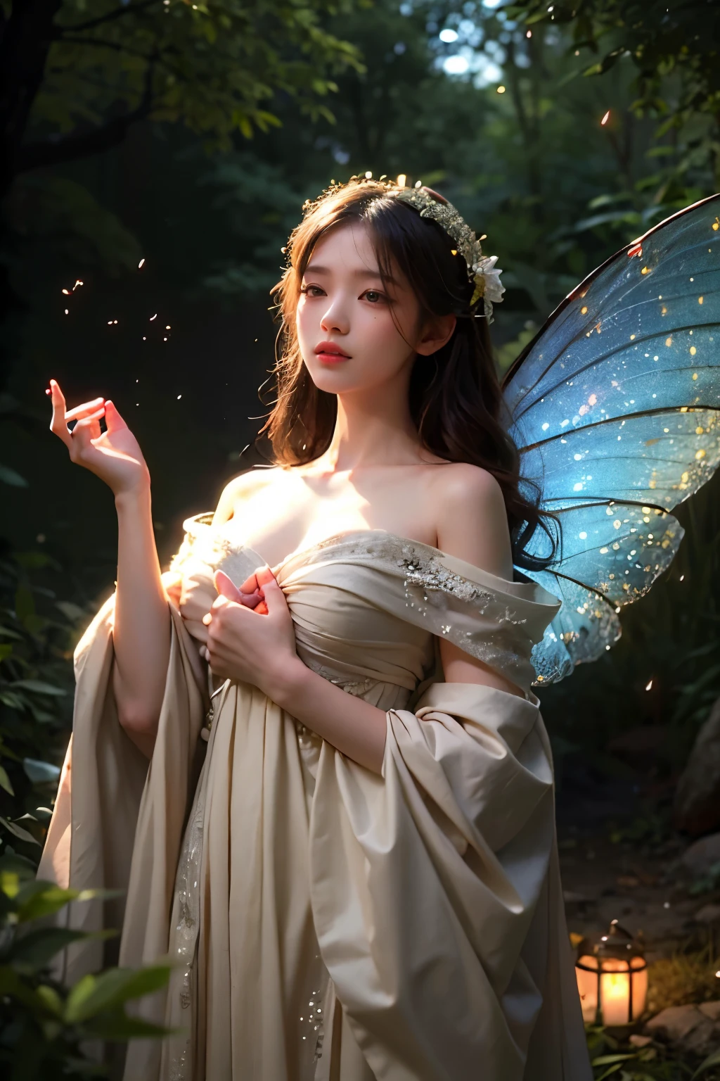 Beautiful fairy, surrounded by fireflies, ethereal and dreamy atmosphere