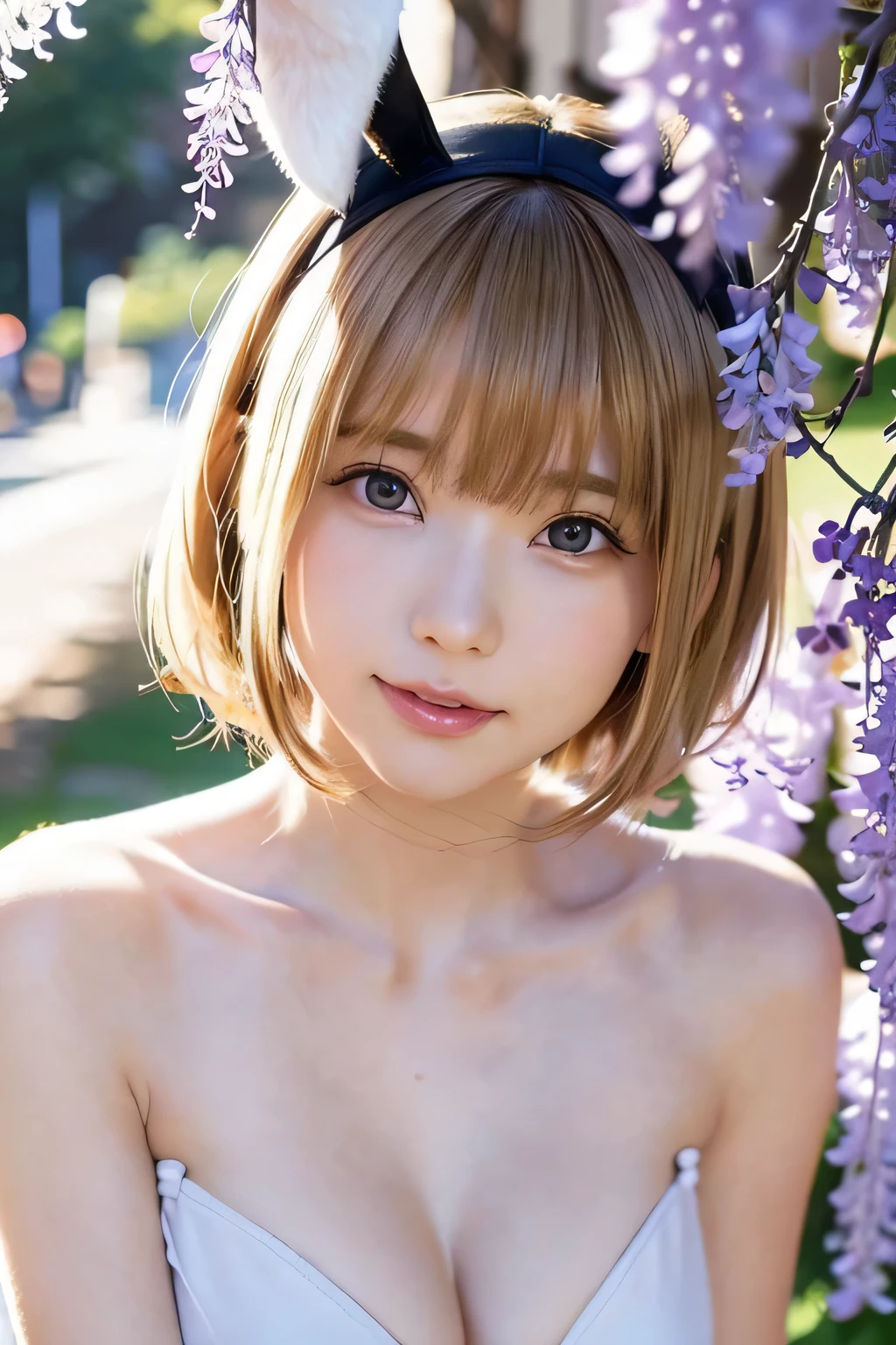 8k、Highest quality、masterpiece、(Face Shot)、solo、(Round face with baby face)、(slim、Flat Body:1.23)、((masterpiece)), (anime:1.3), ((Highest quality)), (RAW Photos:1.2), (High resolution:1.3), (Professional photography:1.2), (), (Very detailed), One person, alone, The body is slim, View the viewer, (Playboy_bunny:1.3), (Simple Background), Clear Face, Blunt bangs, Messy Hair, Medium Hair, Blonde, Bobcut, blush, Smile of shame, Open your mouth, (wave hands), (Purple wisteria blooms in profusion),