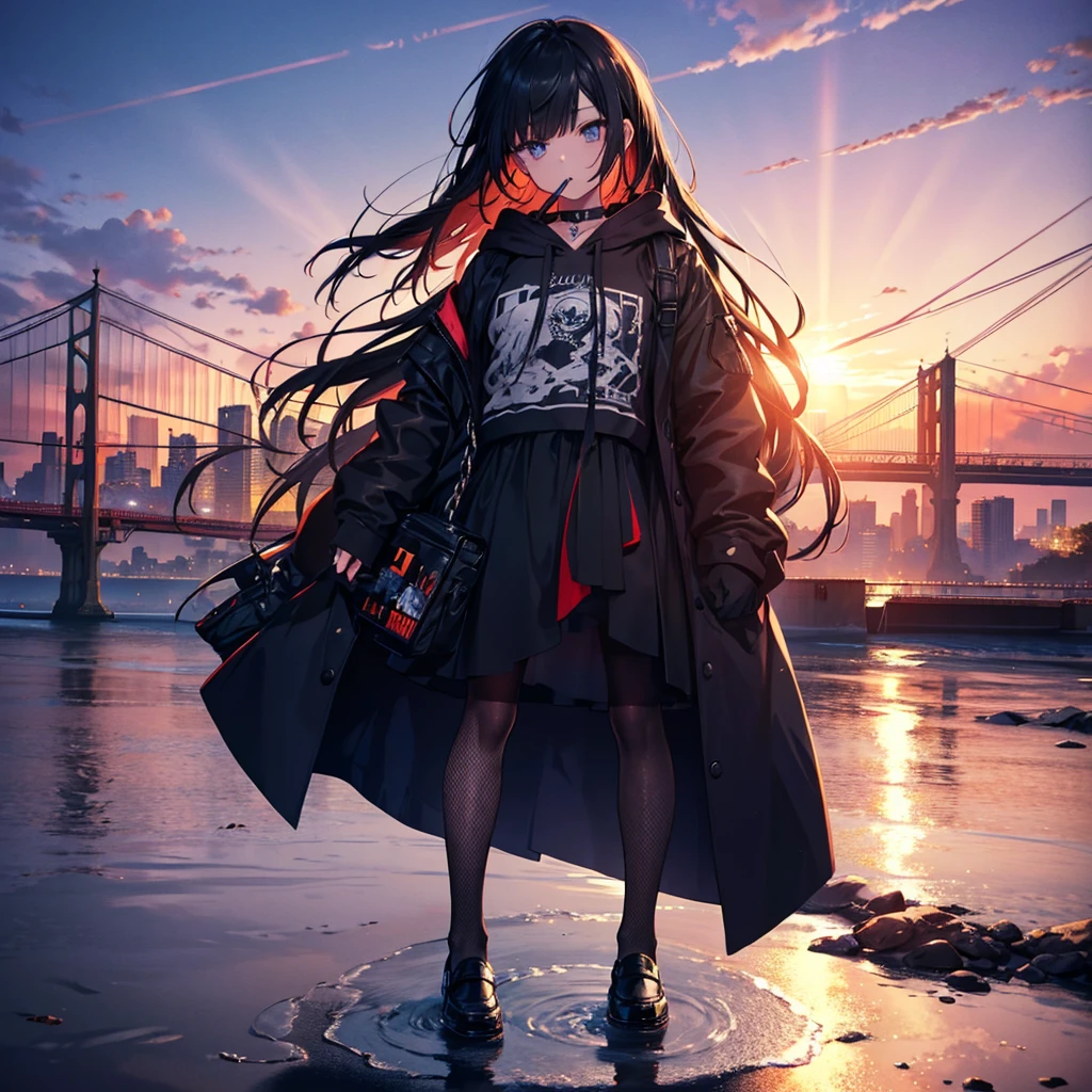 One woman.Punk clothing((Tobacco,Hold in mouth,cigarette)) Long Hair,Black Shining Eyes,blue,Glaring punk-like woman,Black and red hoodie,Drop shoulder,Metallic skirt,Golden chain to attach to skirt,Reflection of light, fishnet tights,Black Loafers,Close-up Background(Downtown New York,There is a bridge,Sunset and water reflection) Anime Style