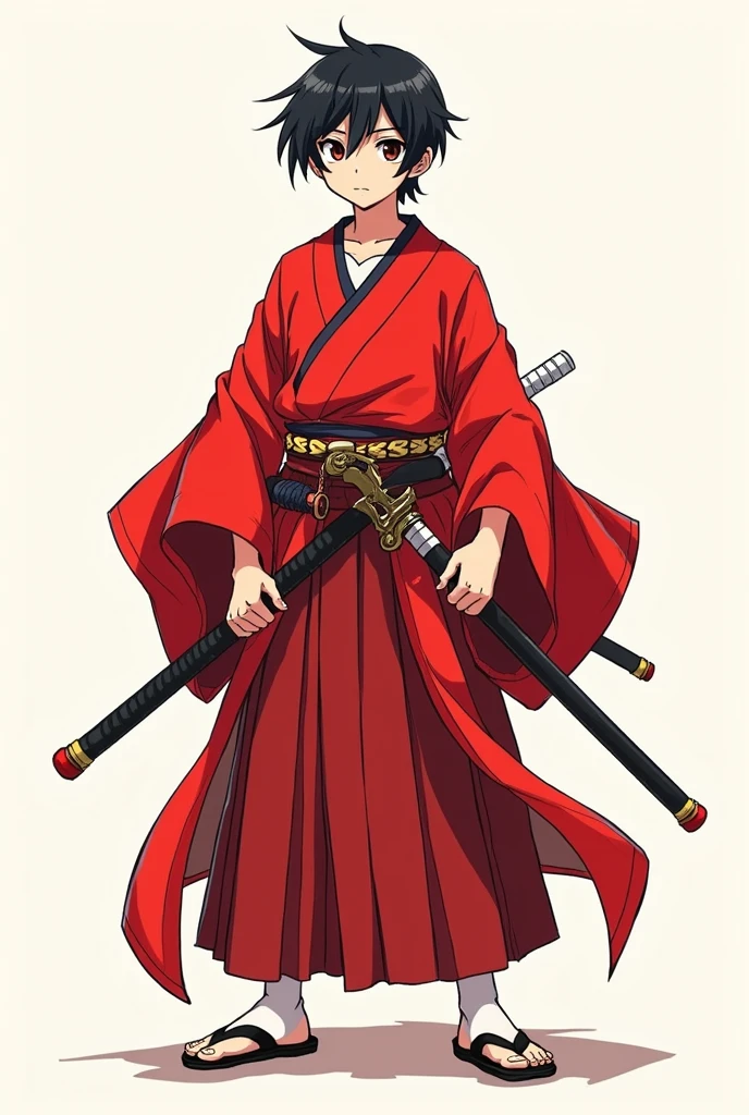 (illustrator) sketsa anime, samurai, kimono, red, front position, full body, boy