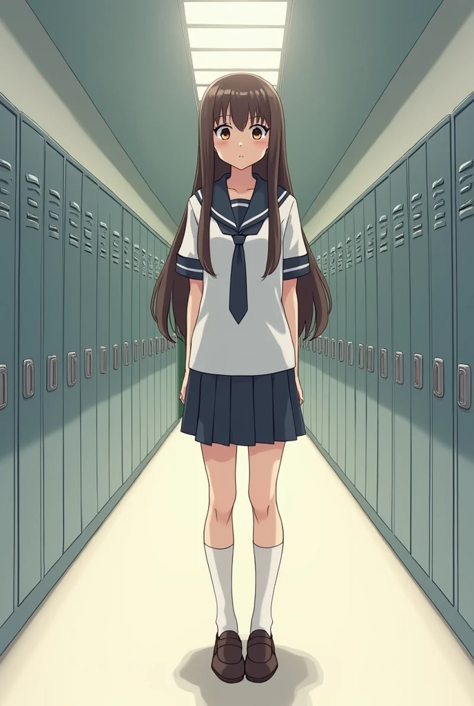 "Miyu Shiina, a beautiful 1 with long, straight brown hair and big expressive eyes, wearing a school uniform and depicted in a manga style. She has a serious yet kind look, standing alone in a Japanese high school corridor with lockers in the background. The overall illustration should have clean lines and expressive features typical of manga art."
シード値3185352212