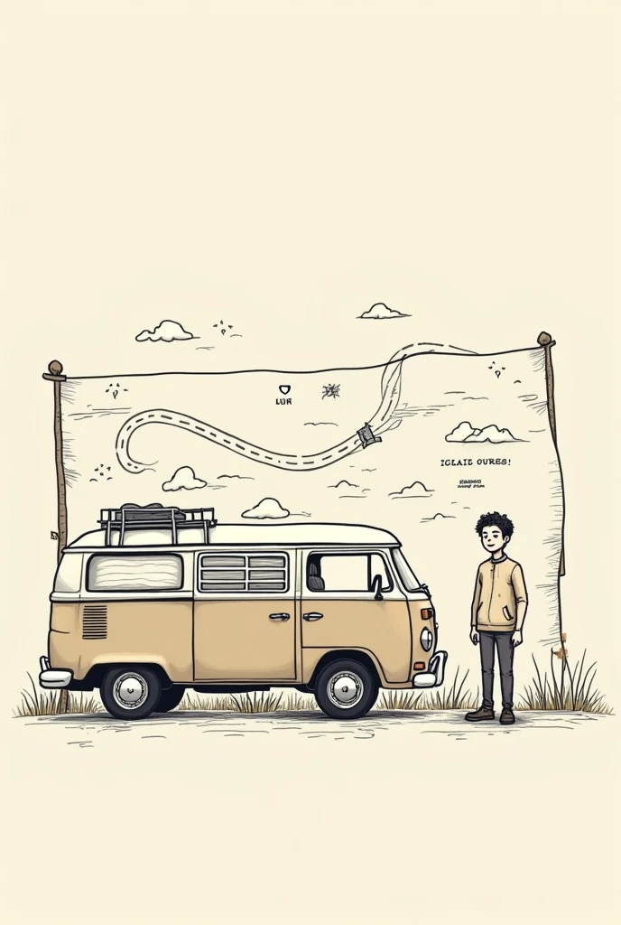 {
"size": "1024x1024",
{
"size": "1024x1024",
"prompt": "A simple, hand-drawn illustration featuring a classic kombi van and a less detailed, stylized person standing next to it. The person has basic features, minimal facial details, and simple clothing, perfect for use as a graphic element on the kombi. In the background, a large map with faded lines and a winding road connects the kombi to a marked destination on the map. The overall style is clean, minimalistic, and suitable for vehicle graphics."
}
}