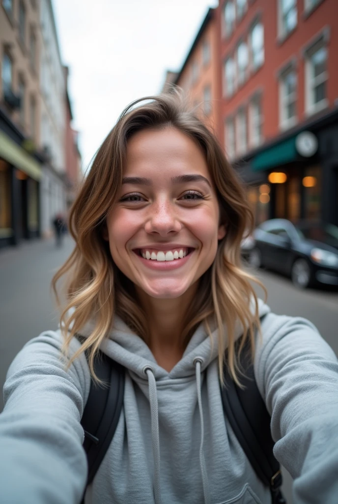 Selfie girl smile use greey hoodie on street
