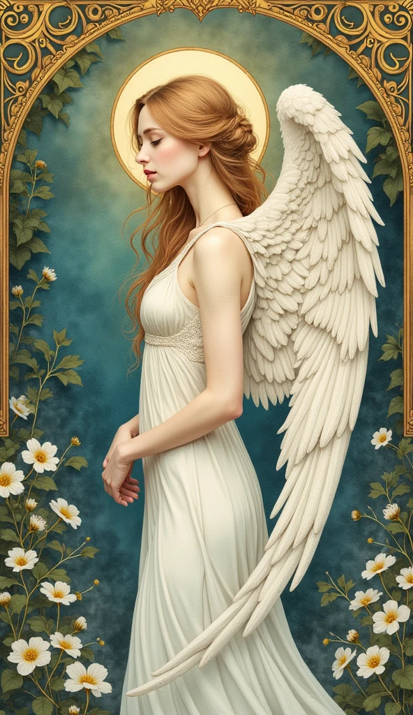 Extremely detailed and vivid watercolor paintings, Angel, A gentle gaze, flower, Detailed cover art, With wings, Holy Halo, observe, The style of Alfons Maria Mucha and Gustave Kilmut, Art Nouveau Accents, Alphonse Mucha, Gustavo Klimt , Pale skin, Marble sculpture, CGSesociedade, Gothic art, Art Nouveau, Behance Contest Winner