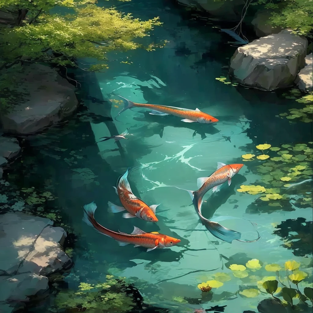 there are many Demand Fish swim in a pond of water, fish swimming, floating Demand fish, Demand fish, Demand fish, amazing wallpaper, Ian J., Demand pond, beautiful wallpaper, japanese art style, Fish swim around, Demand, Fish swim, fish, beautiful wallpaper на айфон, beautiful digital images, calm illustration, wallpaper for mobile phone, Ross Tran. picturesque background
