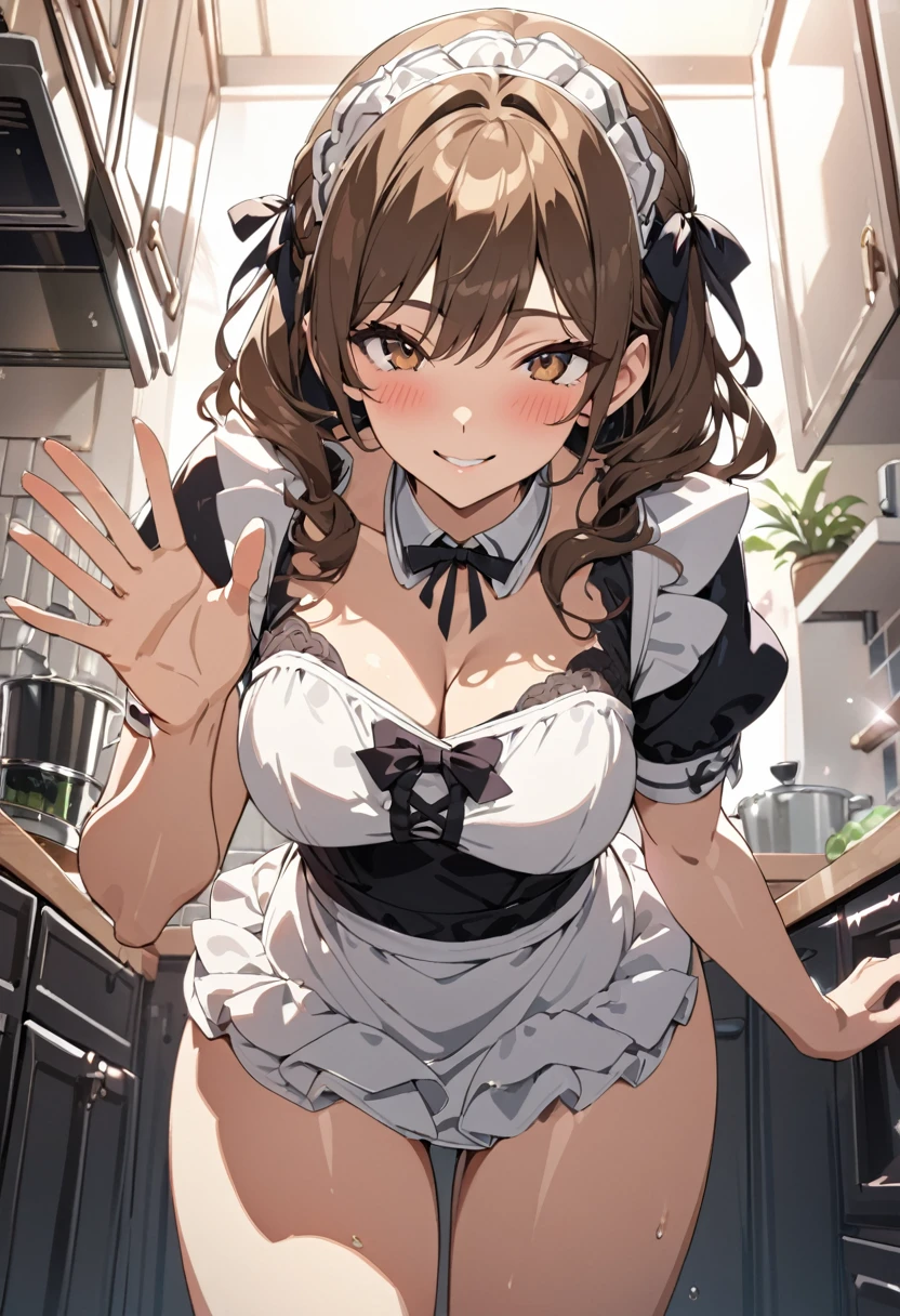 masterpiece, best quality, high quality, detailed, ultra detailed, hyper detailed, insanely detailed, exquisite, beautiful, FHD, Full-HD, 4K, 8K, highres, absurdres, woman, maid, hopeful, smiling, waving at the camera, in the kitchen, in the afternoon, cel anime, macro shot, from front, from below, looking at viewer, wave hair, brown hair, brown eyes, tall, toned body, beautiful breasts, leggy, hair ribbon, Joyful Scene, blush