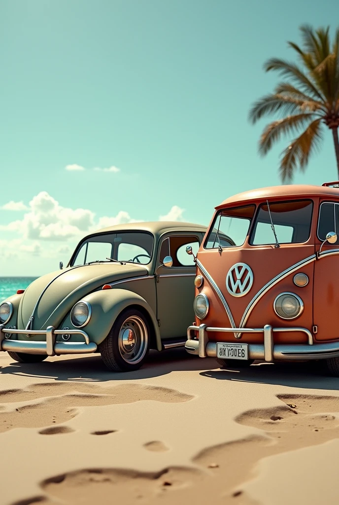create an image of a Volkswagen Beetle car, a van, both relegated, rodas aro 17, low profile tire, at beach.