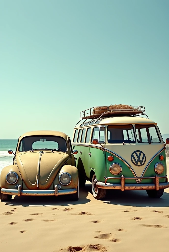 create an image of a Volkswagen Beetle car, a van, both relegated, rodas aro 17, low profile tire, at beach.