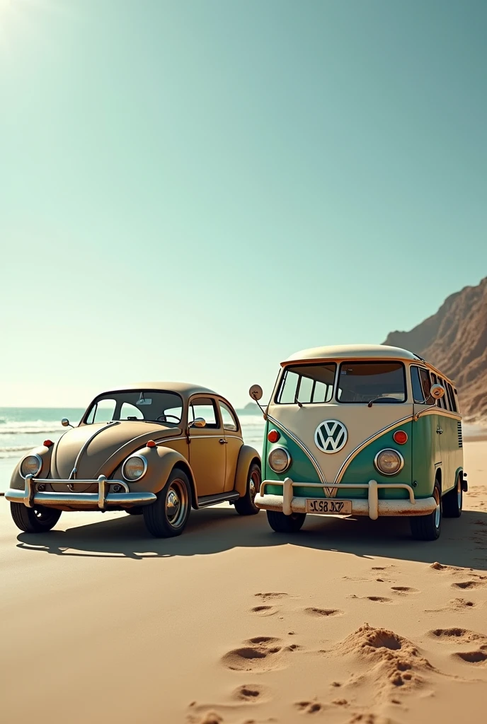 create an image of a Volkswagen Beetle car, a van, both relegated, rodas aro 17, low profile tire, at beach.