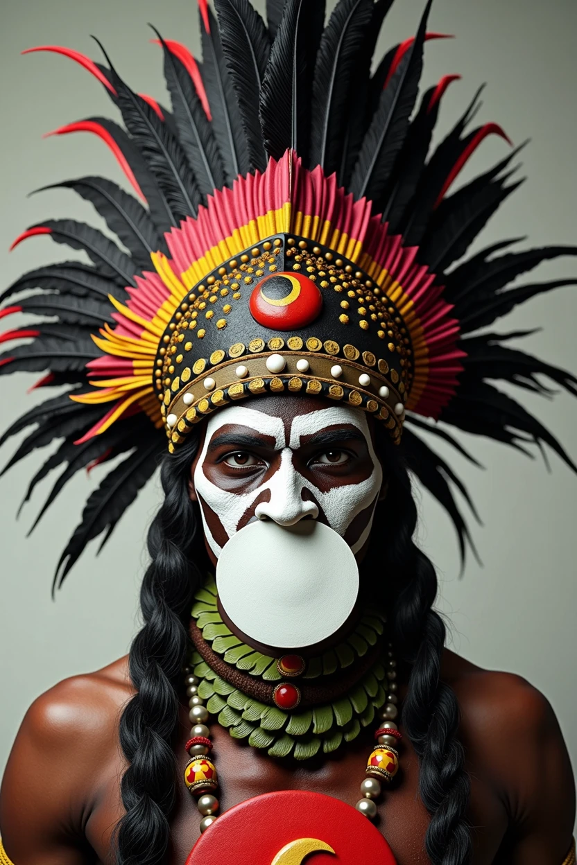 A dramatic headshot of a Papua New Guinean Highlander warrior with intricate face paint in stark white, black, red, and yellow. A large, circular white disc covers the warrior’s mouth. The warrior wears a towering headdress adorned with black, red, yellow, pink, and green feathers, accented with beads and shells. A layered necklace of green leaves with a prominent red crescent moon pendant adorns the warrior's neck. The warrior's chest is adorned with a red plate featuring a yellow crescent moon.