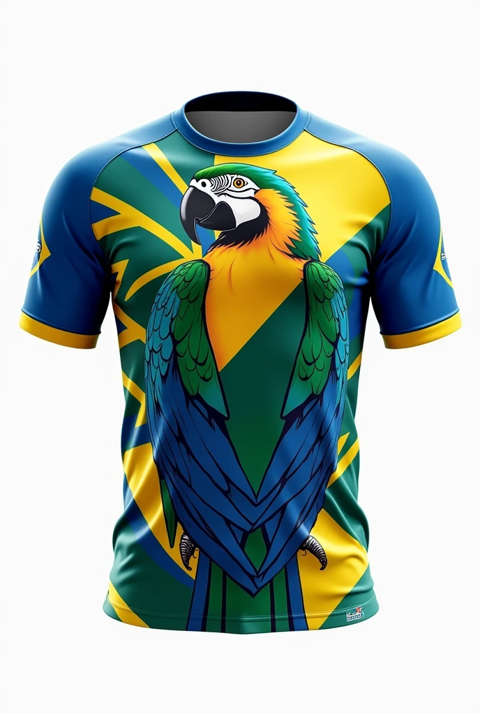 Brazil sports shirt, blue and yellow with geometric macaw print