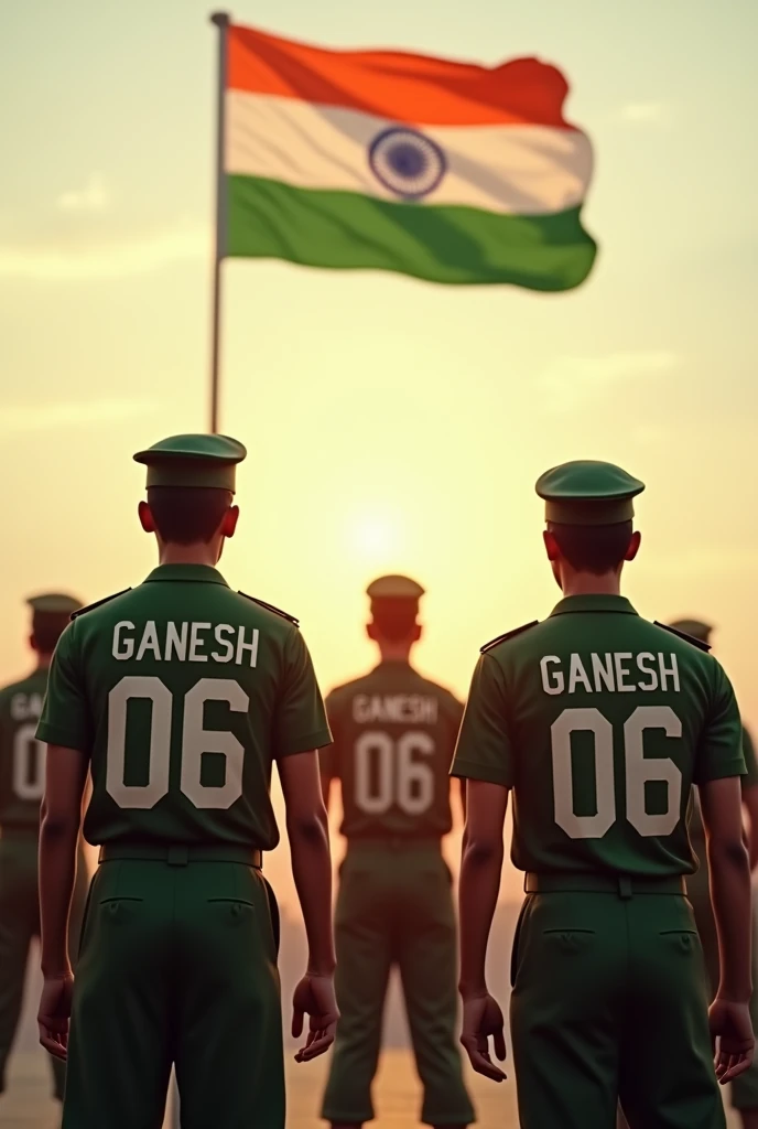 Create a indian army young men salluting bright mesmerizing Indian flag celebrates in independents day.. having backside view of jersey "Ganesh 06 "