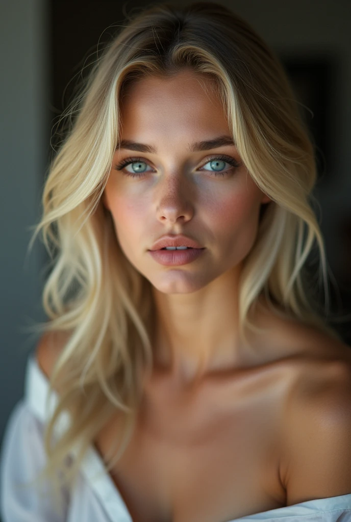 Femme regardant la caméra blonde yeux bleu