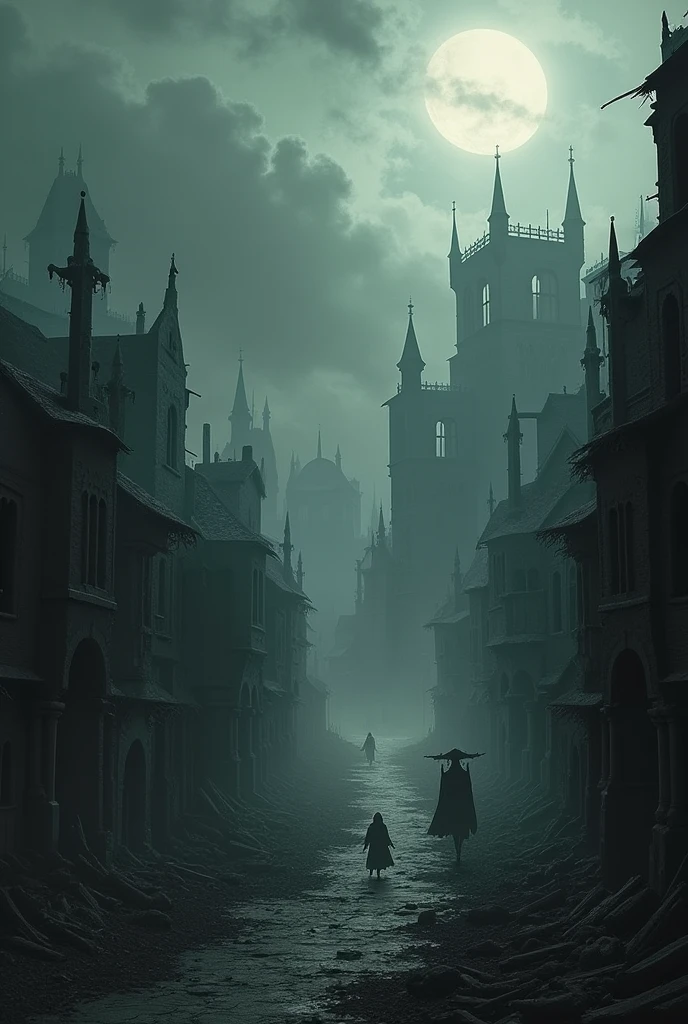 dark medieval city ravaged and destroyed from within