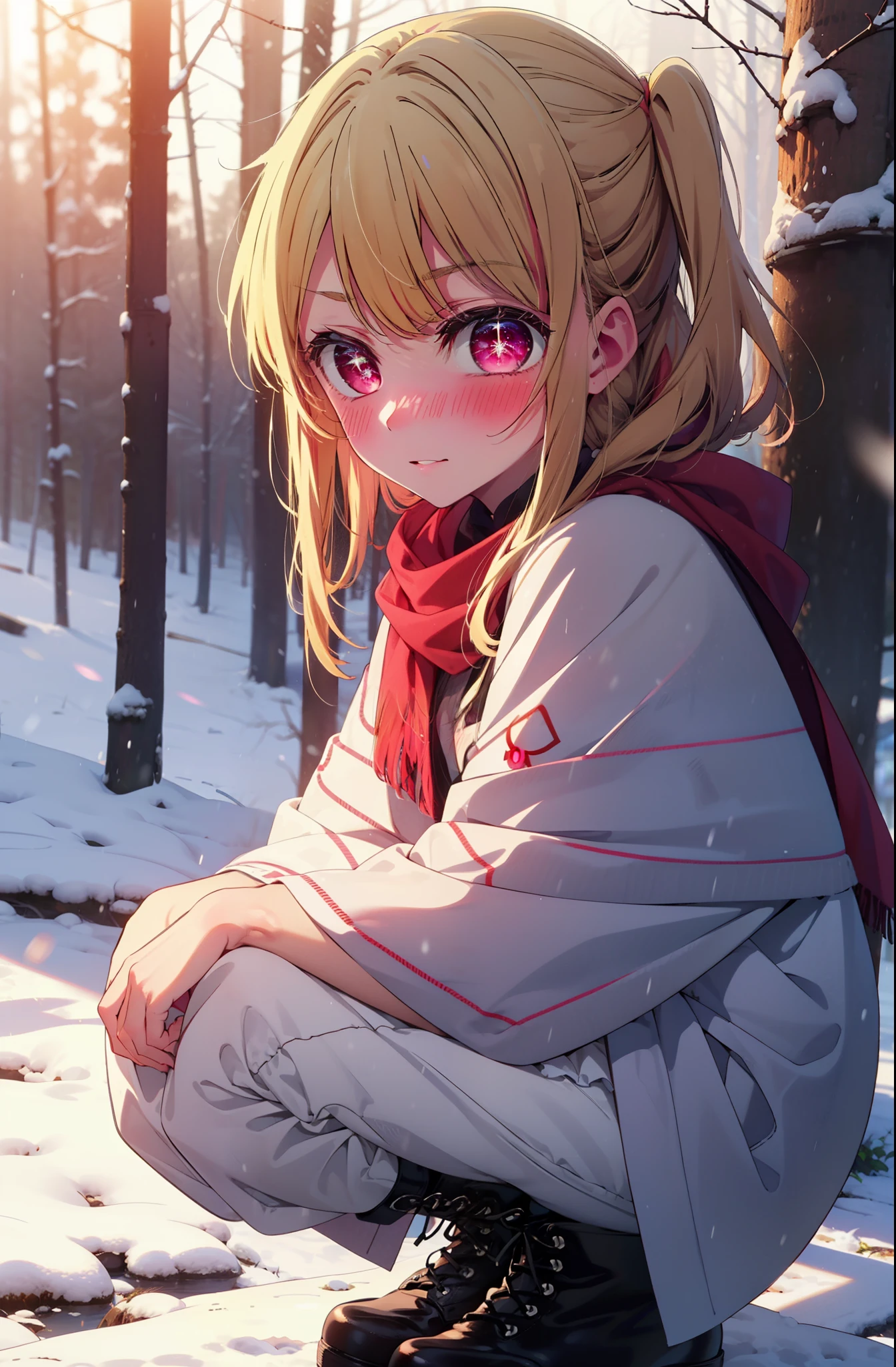 rubyhoshino, Hoshino Ruby, Long Hair, bangs, Blonde, (Pink Eyes:1.3), (Symbol-shaped pupil:1.5), Multicolored Hair, Two-tone hair, smile,blush,white breath,
Open your mouth,snow,Ground bonfire, Outdoor, boots, snowing, From the side, wood, suitcase, Cape, Blurred, , forest, White handbag, nature,  Squat, Mouth closed, Cape, winter, Written boundary depth, Black shoes, red Cape break looking at viewer, Upper Body, whole body, break Outdoor, forest, nature, break (masterpiece:1.2), Highest quality, High resolution, unity 8k wallpaper, (shape:0.8), (Beautiful and beautiful eyes:1.6), Highly detailed face, Perfect lighting, Highly detailed CG, (Perfect hands, Perfect Anatomy),