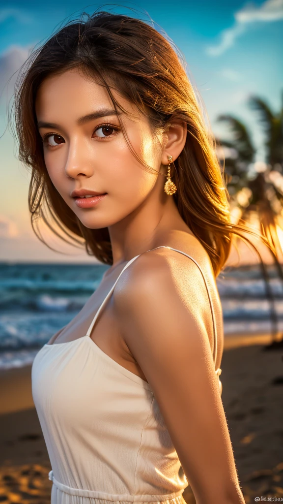 A cute asian girl with long brown hair in a long white dress and denim dress, walking on a tropical beach, (best quality,4k,8k,highres,masterpiece:1.2),ultra-detailed,(realistic,photorealistic,photo-realistic:1.37),highly detailed face and eyes, beautiful detailed eyes, beautiful detailed lips, extremely detailed eyes and face, long eyelashes, natural lighting, golden hour, warm colors, ocean waves, sandy beach, palm trees, dramatic sky