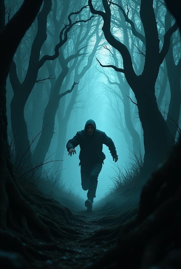 A man running in a dark forest with lot of tress give me a more dark picture