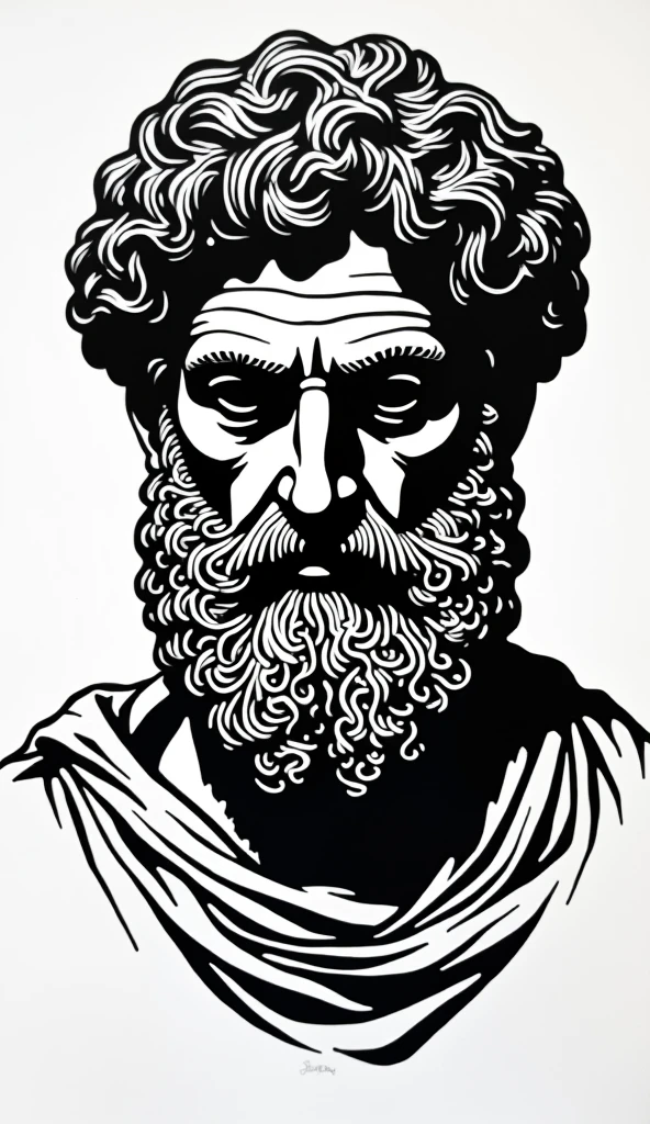 a black and white linocut of the head of Marcus Aurelius, with intricate patterns in his beard forming an abstract representation of labyrinthine walls within it, simple background, completely white background