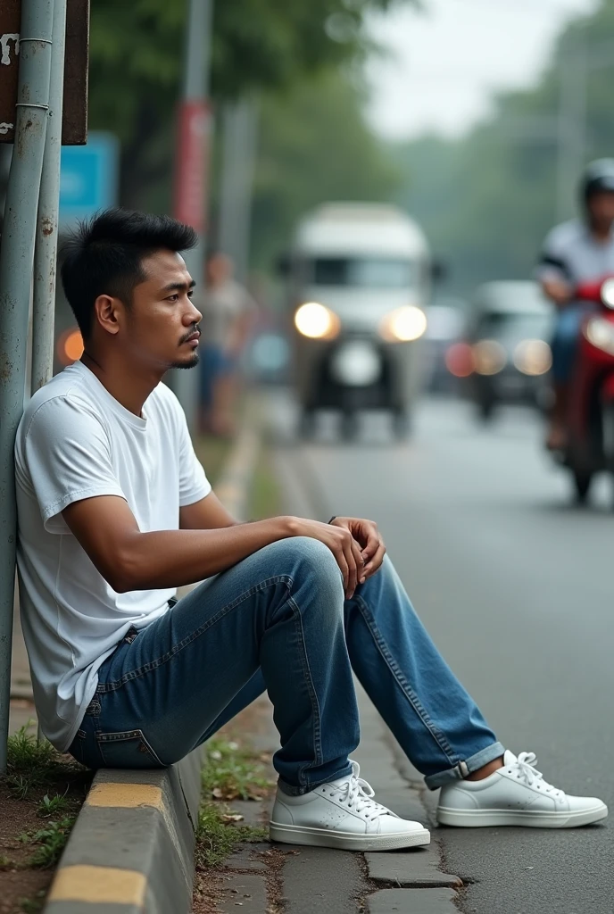 realistic photo, an Indonesian man, , handsome, pure white skin, wearing a white t-shirt, blue jeans, white sneakers, tired face, sitting leaning against a signpost, by the side of a busy road filled with vehicles and people coming and going..  Candid camera, full body view. Contrast colors. detail.