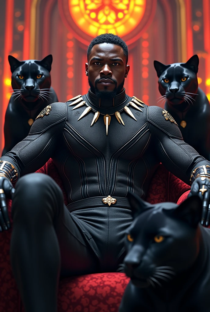 Black Panther Tchala sitting on the throne of Wakanda with the uniform, black panthers with vibranium colour background