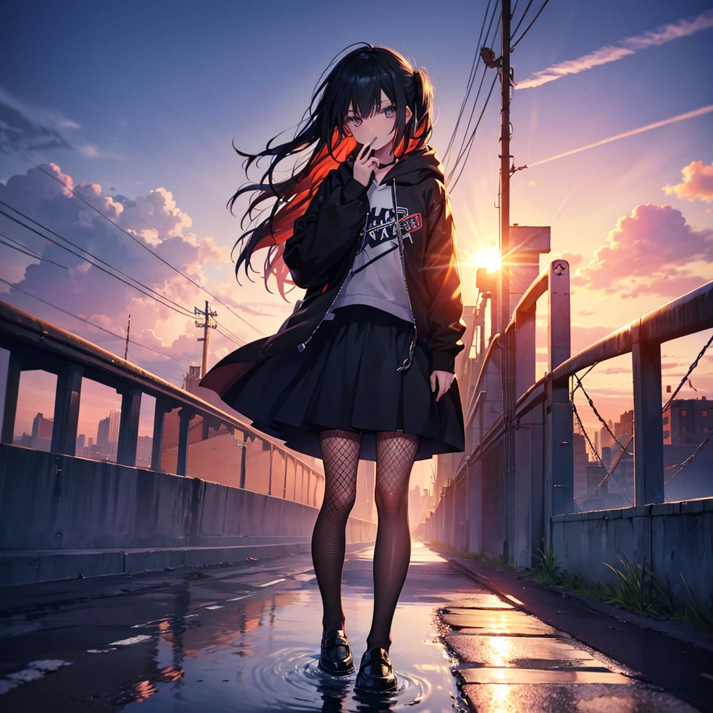 {{{Masterpiece, highest quality, high-resolution background}}}, bright and beautiful atmosphere, 1 girl (, round face, baby face), small breasts, girl falling on the road, half-crying expression, leg exercise sitting , "deltamon_sdXL :0.73)>Deltamon