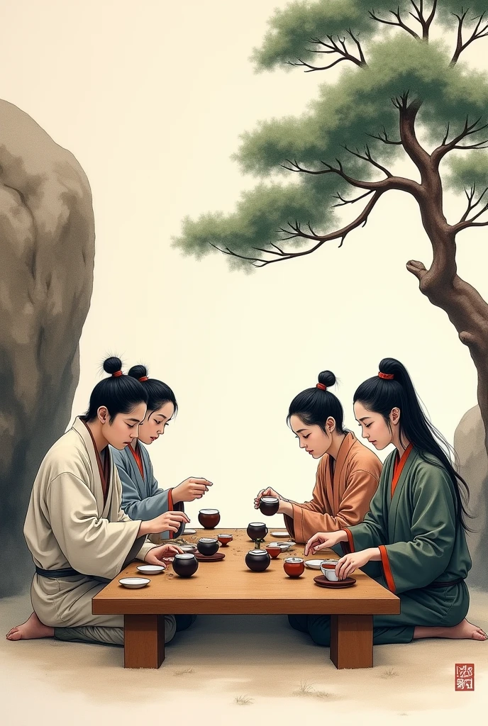 This meticulous figure painting depicts a scene of four people competing in tea drinking.。On the left is a pine tree and a rock。In the center of the picture are four people competing in tea-drinking。There are some tea stands next to the figures。This painting uses traditional brush and ink techniques,Outline the character with lines、Trees and stones:: --ar 16:9 --niji 5 --quality 5 --q 2 --niji 5