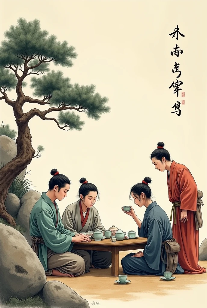 This meticulous figure painting depicts a scene of four people competing in tea drinking.。On the left is a pine tree and a rock。In the center of the picture are four people competing in tea-drinking。There are some tea stands next to the figures。This painting uses traditional brush and ink techniques,Outline the character with lines、Trees and stones:: --ar 16:9 --niji 5 --quality 5 --q 2 --niji 5
