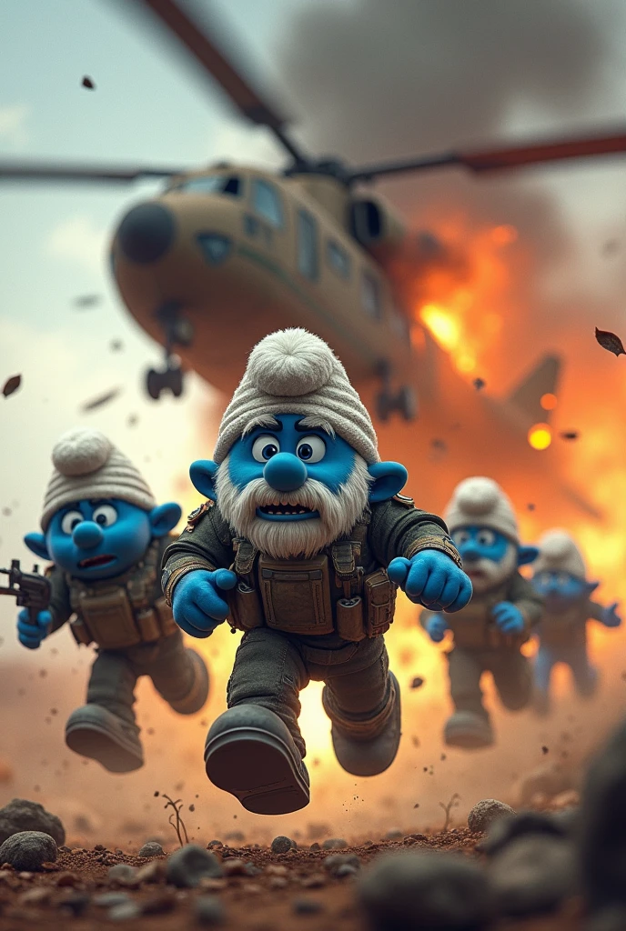 A group of 6 smurfs with papa smurf and grandpa smurf with weapons and armor from the video game rust flying out from the back of a transport helicopter that was hit by a missle and is exploding with the smurfs mid air without parachutes