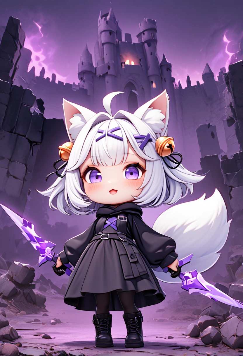 master piece, best quality, ultra-detailed, illustration, midnight, battlefield, gloomy atmosphere, broken castle, broken walls, ruins, purple flames, 1girl, solo, chibi, (big head), cute pose, front view, looking at viewer, ((full body Close up)), chubby, fat, filian, filianoverall, Filiansailor, ((white hair)) , short hair, shoulder length hair, fly-away hair, bangs, (hairclip), (purple hair ornament), cat ears, (hair bell:1.3) ahoge, purple eyes, open mouth, smiling, (white fluffy fox tail), (black tattered robe), long gown, black arm sleeves, black gloves, both hands wielding purple flame orb, black stockings, black boots,