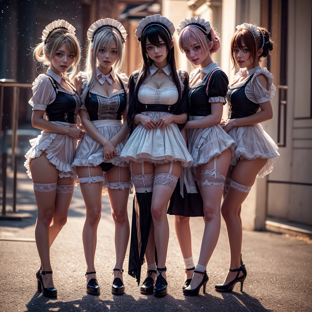 (Full Body of Extremely Detailed((Kawaii Maid Group in a row:1.37))), Cute perfect face, Reflective Eyes, Detailed(Delicate Clothing textures), Correct Leg Line, Dynamic Joyful Expressions LifeLike Rendering, Specular Reflection, TopQuality 8K Ultra-detailed masterpiece (ProfessionalPhoto:1.37), (Acutance:0.8), (Luminism:1.28), (Renaissance art style), Colorful Light particles, ((Full body from side)), {MicroMini Skirt|Kissing|Breast Lifting|Undressing|Thigh Gap|AssFocus}, Radiant Fine Skin with Transparency, (Exposed:0.5), (Different types of Anime hair color){Pink Hair|Blue Hair|Platinum Blonde|Pure White Hair|Liquid Hair}, Perfect Lighting