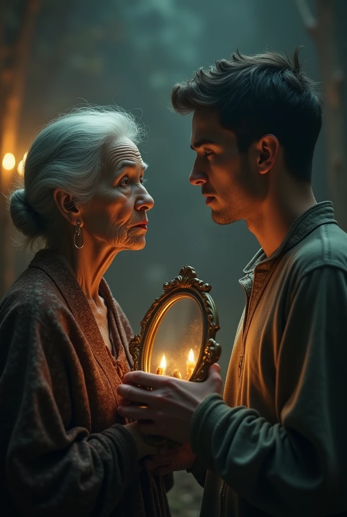 The Mirror Exchange : The old woman handing a small, ornate mirror to the young man, with a focus on their expressions—her calm wisdom and his curiosity. In dall e-3 style