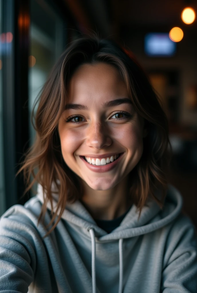 Selfie girl smile use greey hoodie on dark place