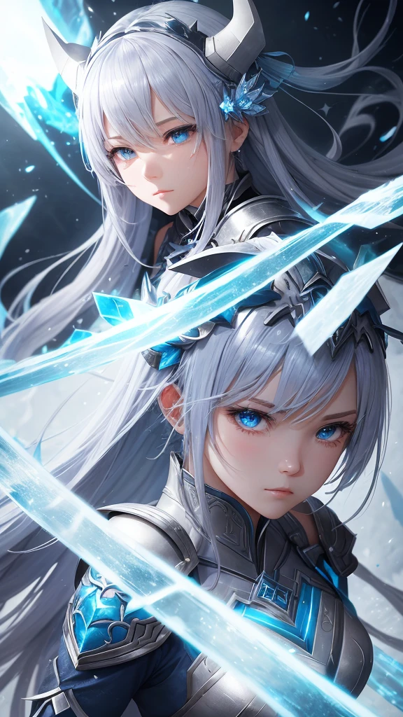 In this high-precision sketch mixes comic book style illustrations,We see a unique character - a girl covered in blue ice crystals。She wears white armor,Appears mighty and mysterious。She has two ice crystal horns on top of her head,One of them is broken,Shows the battles she's been through。One of her eyes was covered by a silver cloth,It's as if there's some secret hidden。She injured her shoulder,Bandaged,The edges of the bandage reveal broken ice crystals,These are the traces of her battles。The design of this character is full of power and mystery,At the same time, it also showed her tenacity and courage。Every detail of her fills us with curiosity about her story