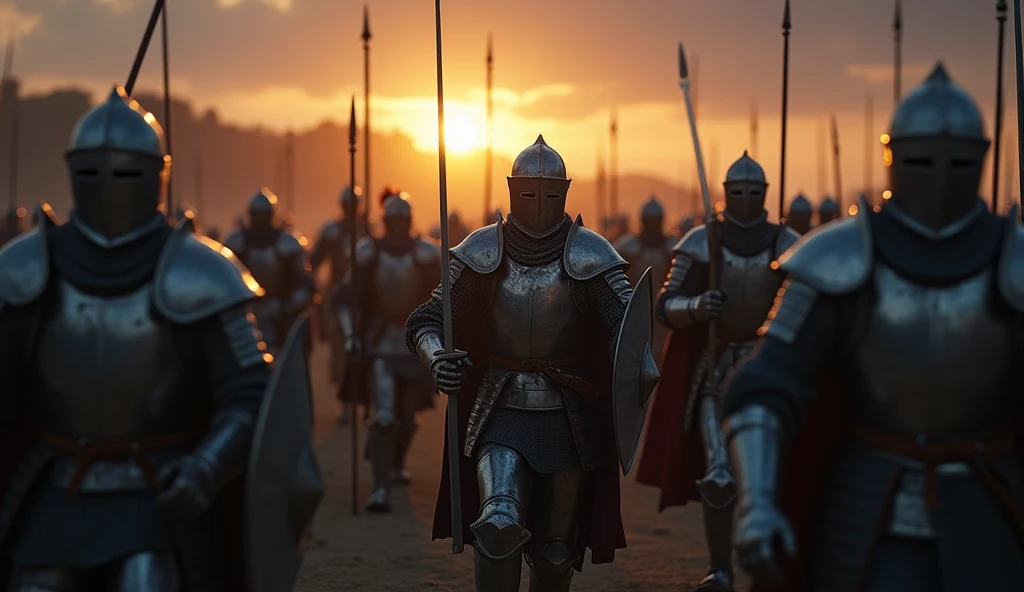 A highly realistic, high-contrast, 8K HD, detailed, hyper-detailed image of medieval knights marching forward as the first light of dawn breaks through the dark sky. The faint rays of sunlight pierce the darkness, casting a soft glow on their steel armor. The knights, with their swords and shields at the ready, move with relentless determination, their expressions resolute. The ground beneath them is rough and battle-worn, symbolizing the challenges they’ve faced. The atmosphere is both hopeful and intense, capturing the moment of renewed strength as the knights advance with unwavering purpose. The image is of the highest quality, with ultra-high resolution, RAW photo quality, and Unreal Engine rendering, depicting the powerful symbolism of dawn breaking as they press on.