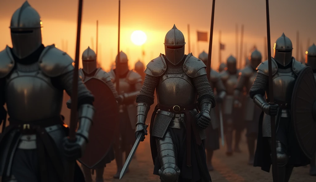 A highly realistic, high-contrast, 8K HD, detailed, hyper-detailed image of medieval knights marching forward as the first light of dawn breaks through the dark sky. The faint rays of sunlight pierce the darkness, casting a soft glow on their steel armor. The knights, with their swords and shields at the ready, move with relentless determination, their expressions resolute. The ground beneath them is rough and battle-worn, symbolizing the challenges they’ve faced. The atmosphere is both hopeful and intense, capturing the moment of renewed strength as the knights advance with unwavering purpose. The image is of the highest quality, with ultra-high resolution, RAW photo quality, and Unreal Engine rendering, depicting the powerful symbolism of dawn breaking as they press on.