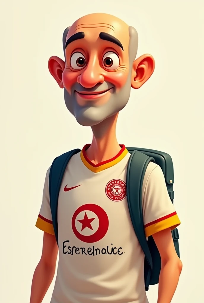 Cartoon of a 40-year-old man, bald, thin, clean-shaven, carrying a small backpack on his back, wearing a T-shirt of the Tunisian Esperance Sportive de Tunis