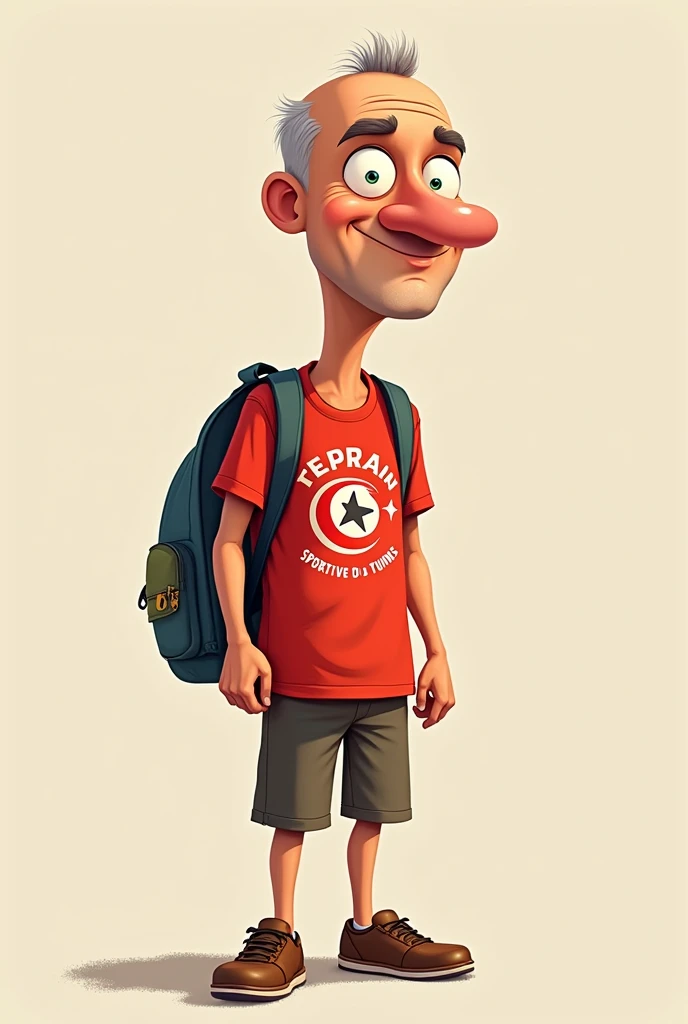 Cartoon of a 40-year-old man, bald, thin, clean-shaven, carrying a small backpack on his back, wearing a T-shirt of the Tunisian Esperance Sportive de Tunis