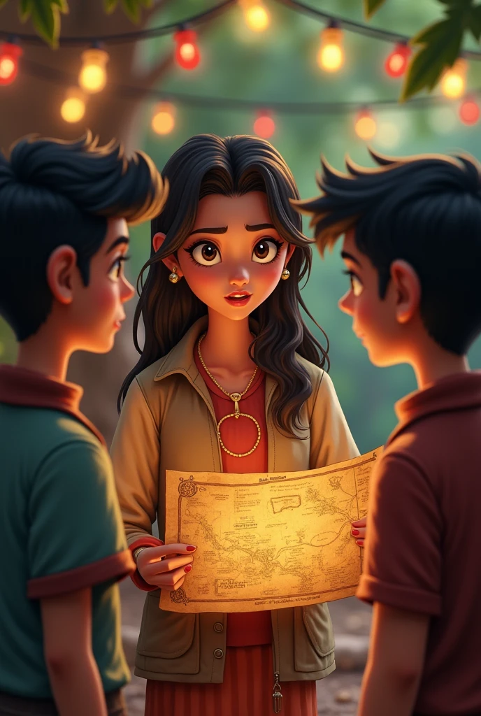 She said, 'Tomorrow, you both will receive a map to find a hidden treasure. You will need to follow the map to find the treasure. But remember, it will only be possible if you both work together.'
"Priyanka explaining the treasure hunt challenge to Meghraj and Tanishk with a map in hand and a serious but encouraging expression."