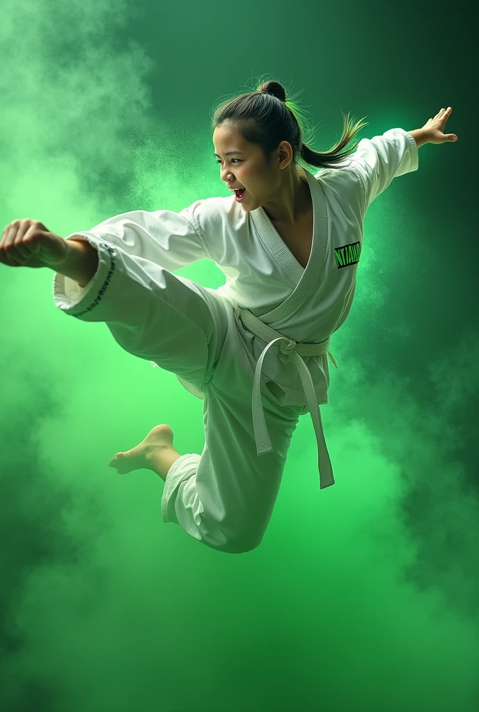 A very realistic full body view of a 20 year old Indonesian boy's gleaming skin with slightly green hair,head tied like a martial artist.wearing white Taekwondo uniform. white belt, with a style that looks like he's in action, doing a flying kick while opening his mouth as if shouting,green background and there's a flying dragon made of divine smoke. splashes of green water droplets.displays "NIZAM" on his clothes.neon green font.