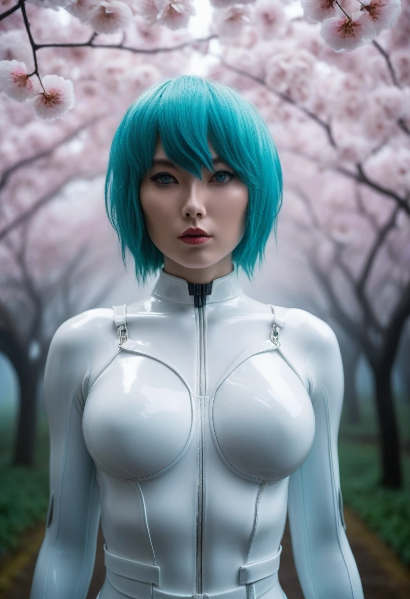 Full-length view. (full-length shot, wide angle, centered, no cropping) AR 9:16 - from 1:2 ((Motoko Kusanagi - Ghost in the Shell, porcelain face and head. Long flowing white hair, large turquoise eyes, perfect eyes, best quality)). Visual Kay Fashion, gothic. Yoshitaka Amano, Quentin Mutch, Multicolored Fog. Hannah Yata, fantasy art, megapixels, 8K HDR resolution; volumetric lighting", surreal hallucination, complex detail, sharp focus, wind, cherry petals, Fujifilm, Bokeh. (full-length shot, wide angle, centered, no cropping) - AR 9:16 - from 1:2