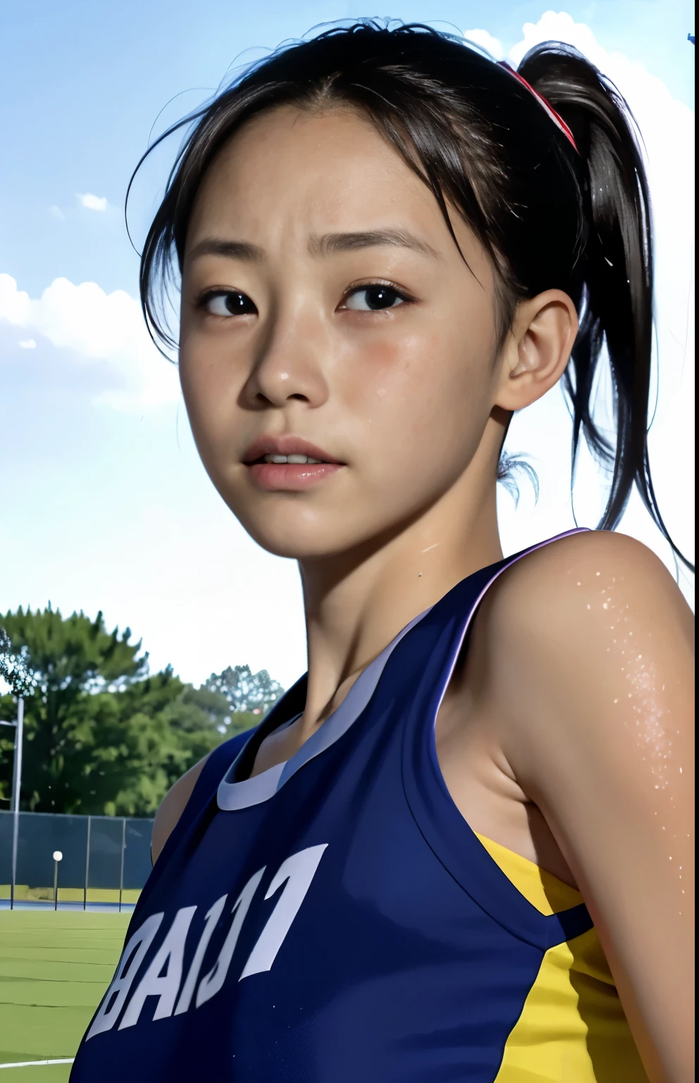 (Highest quality, masterpiece), (Beautiful  Japanese girl), (freckles:0.6), ponytail,  Track and field athlete,Grimacing、Frowning、Crying face、Sweaty、despair、fear、