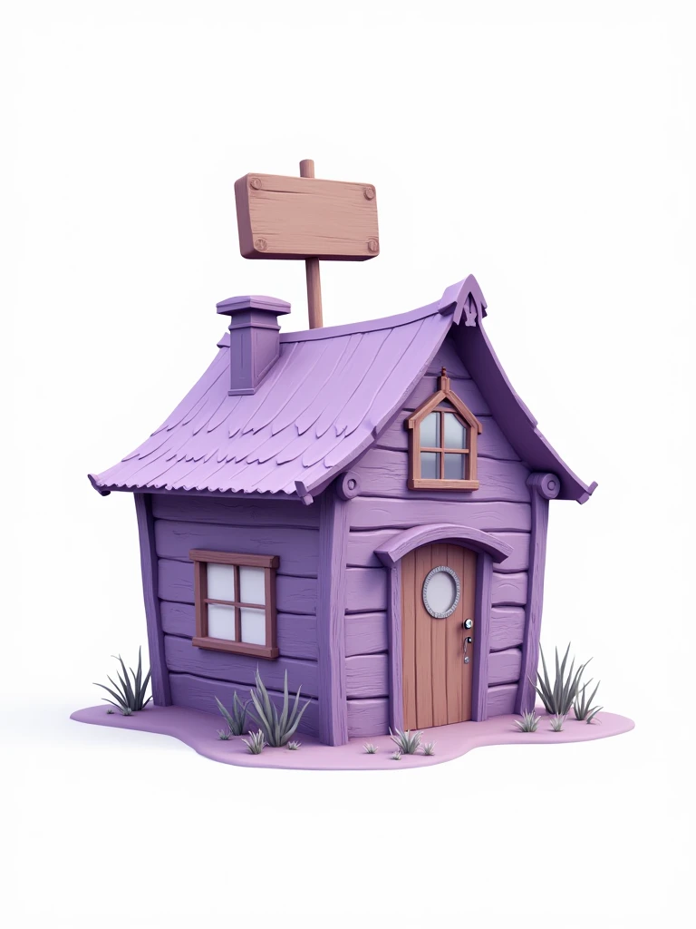 At the center of the image, there is a rustic lilac house with a sign on top of the roof. PNG image. White background.