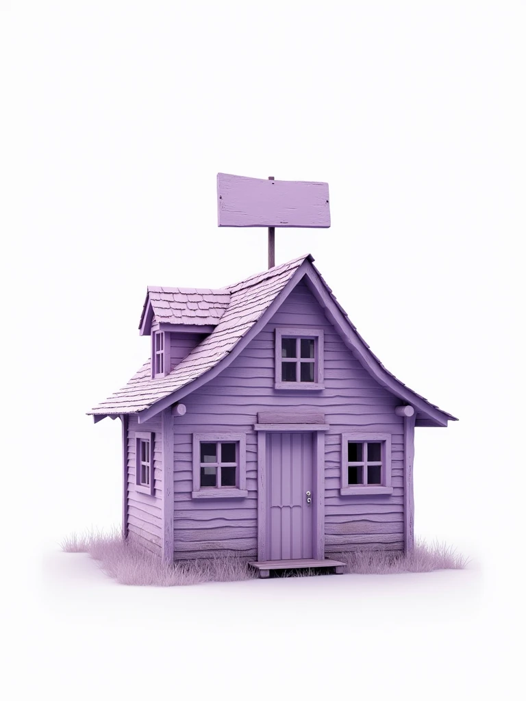 At the center of the image, there is a rustic lilac house with a sign on top of the roof. PNG image. White background.