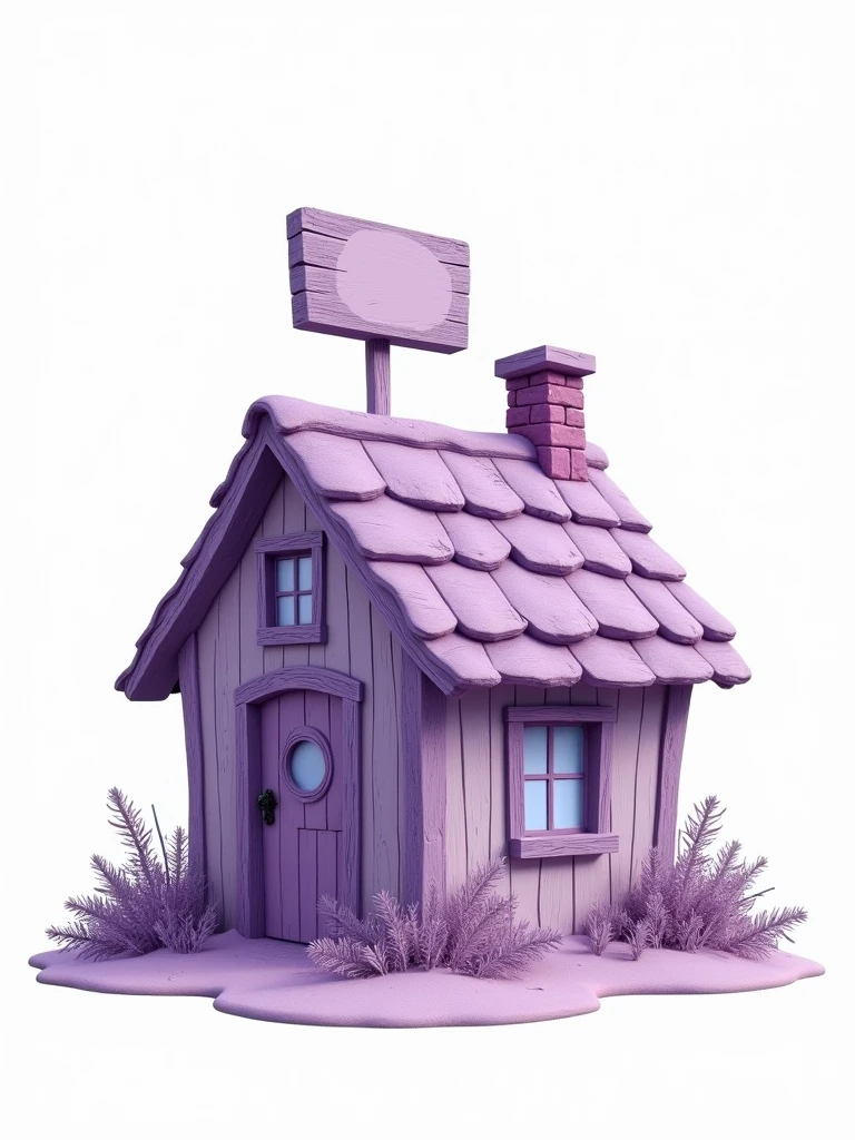 At the center of the image, there is a rustic lilac house with a sign on top of the roof. PNG image. White background.