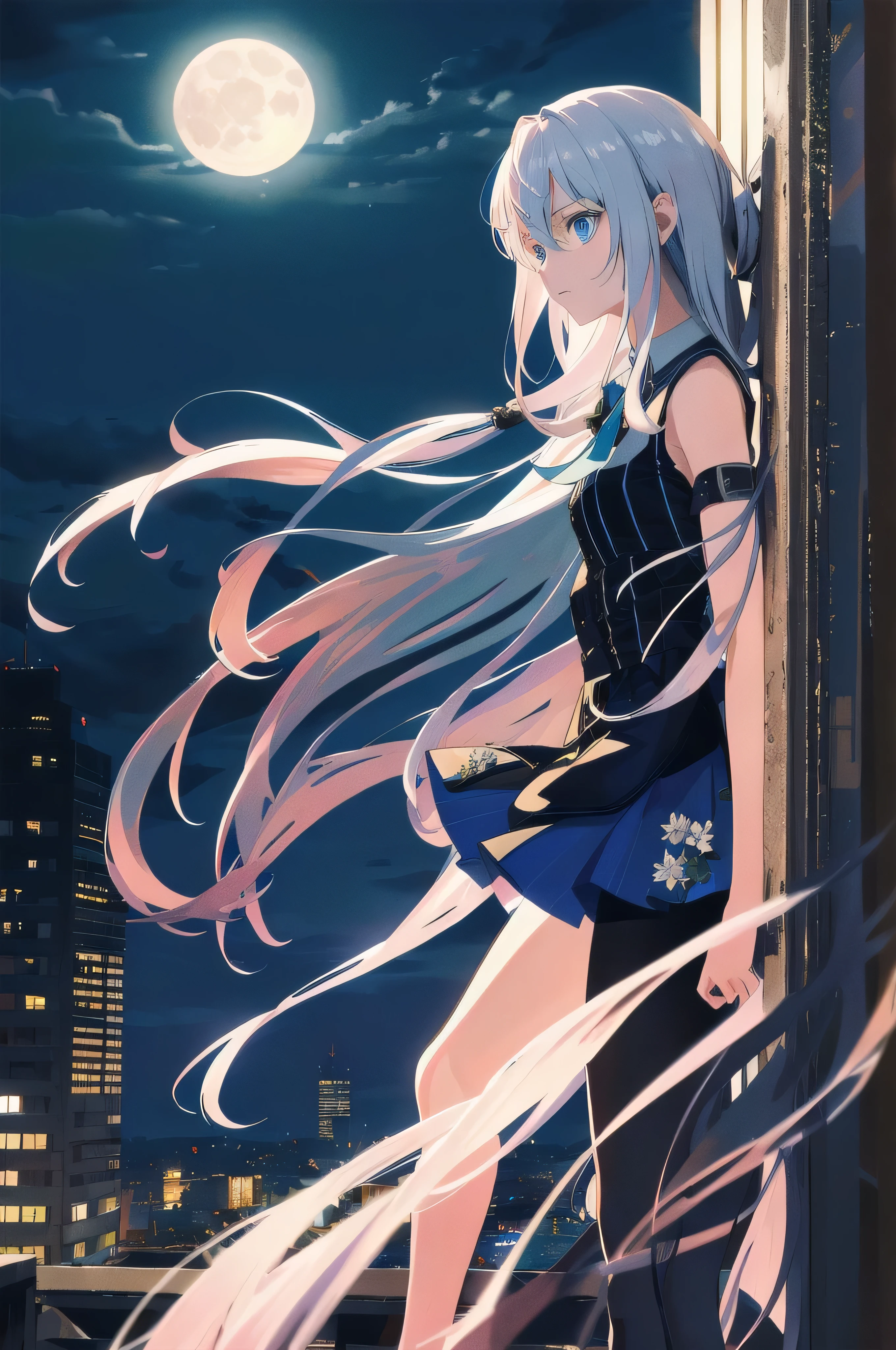 ((masterpiece)), ((best quality)), ((best illustration)), ((ultra-detailed)),((photorealistic color)), 1 lady, solo, teenager, absurdly long hair, silver hair, straight hair, ((blue eyes)), ((hyper detailed eyes)), ((hyper detailed face)), gloomy face, lonely, looking at viewer, business suit, off shoulder, sleeveless, ((miniskirt)), bare legs, thin body, thin arms, long arms, standing, cowboy shot, side view, rooftop, skyline, urban, night, moonlight, backlight
